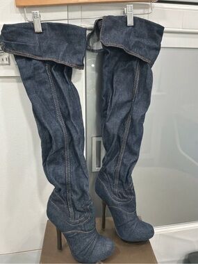 bebe Denim Over the Knee Stiletto Boots Dark Blue Y2K